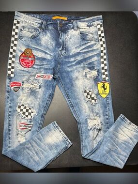 Kloud 9 Men’s Size 36x32 Blue Denim Distressed Racing Denim Patch Jeans